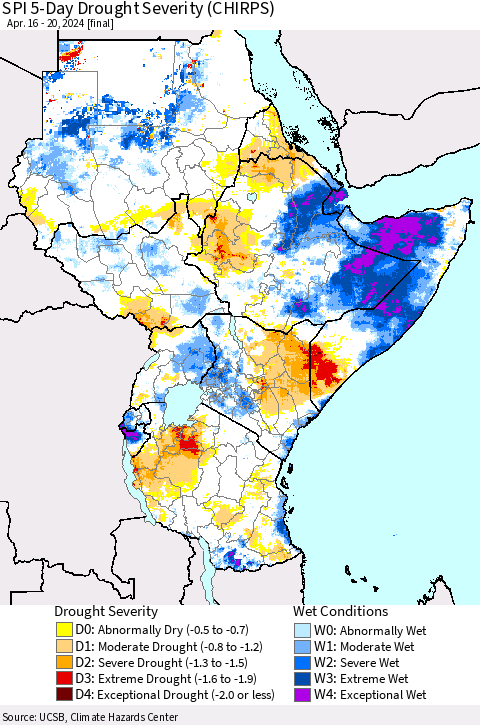 Eastern Africa SPI 5-Day Drought Severity (CHIRPS) Thematic Map For 4/16/2024 - 4/20/2024