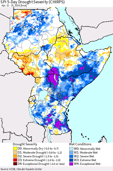 Eastern Africa SPI 5-Day Drought Severity (CHIRPS) Thematic Map For 4/21/2024 - 4/25/2024