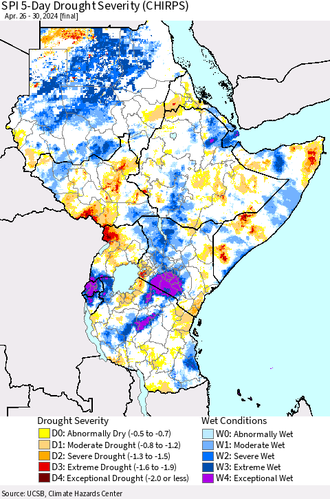 Eastern Africa SPI 5-Day Drought Severity (CHIRPS) Thematic Map For 4/26/2024 - 4/30/2024