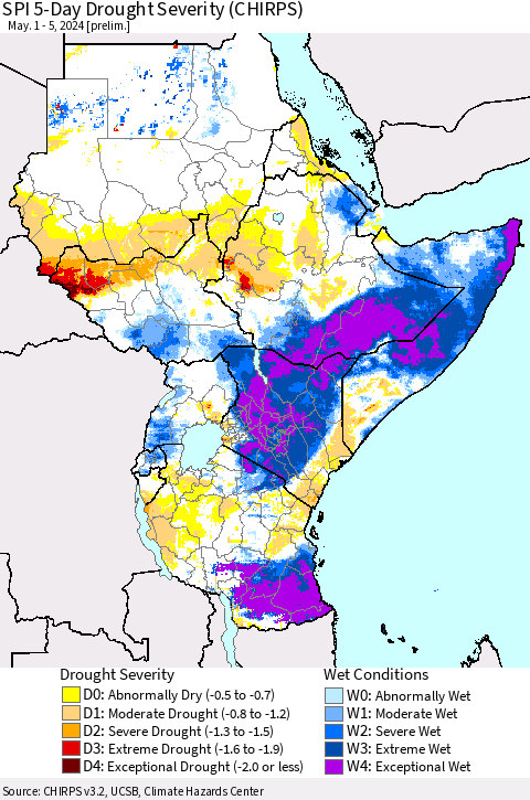 Eastern Africa SPI 5-Day Drought Severity (CHIRPS) Thematic Map For 5/1/2024 - 5/5/2024