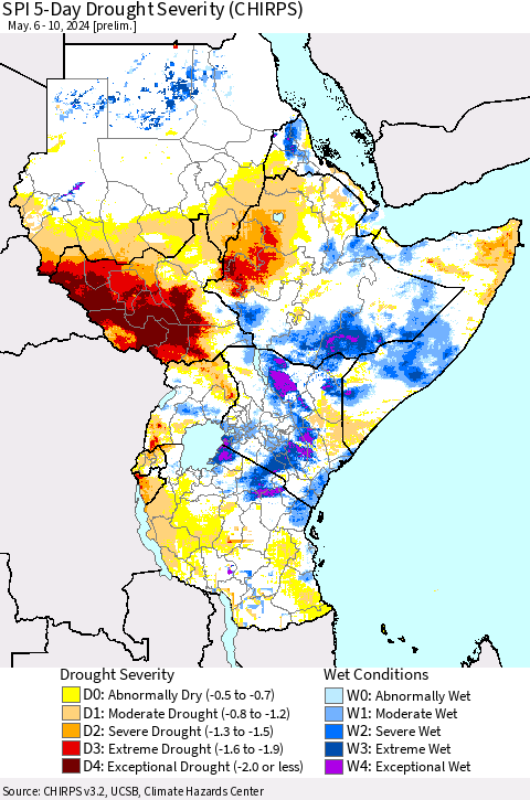 Eastern Africa SPI 5-Day Drought Severity (CHIRPS) Thematic Map For 5/6/2024 - 5/10/2024