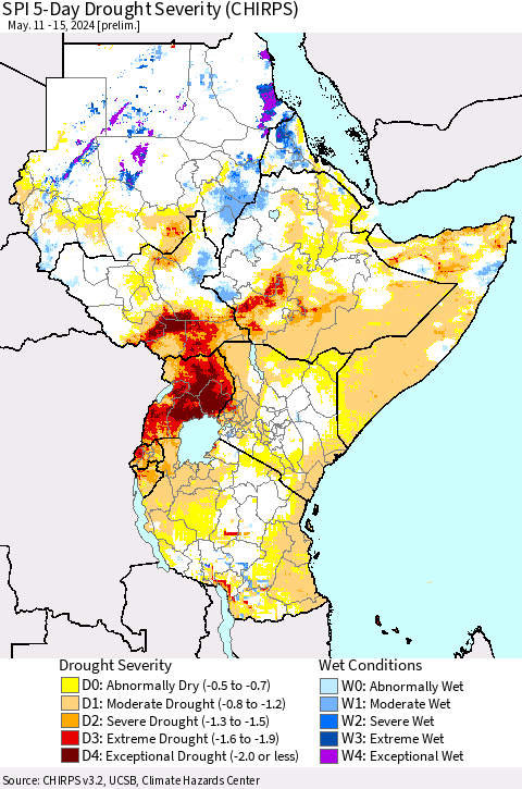 Eastern Africa SPI 5-Day Drought Severity (CHIRPS) Thematic Map For 5/11/2024 - 5/15/2024