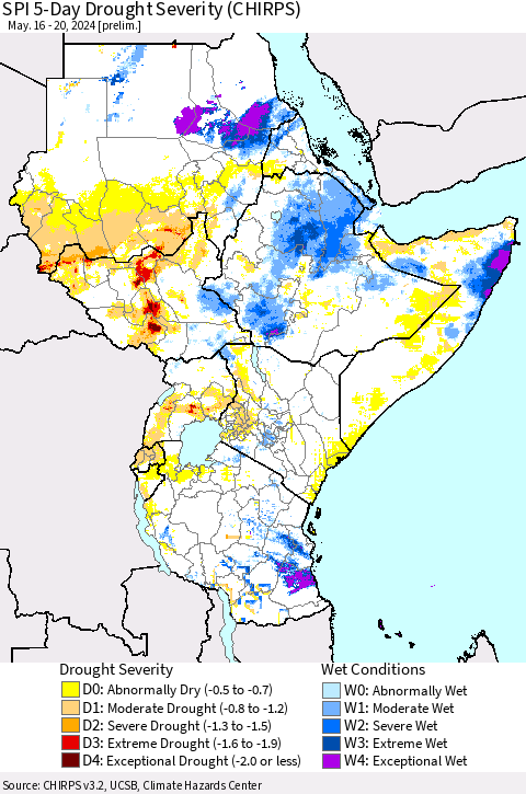 Eastern Africa SPI 5-Day Drought Severity (CHIRPS) Thematic Map For 5/16/2024 - 5/20/2024