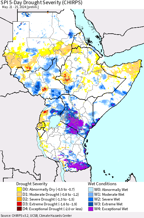Eastern Africa SPI 5-Day Drought Severity (CHIRPS) Thematic Map For 5/21/2024 - 5/25/2024