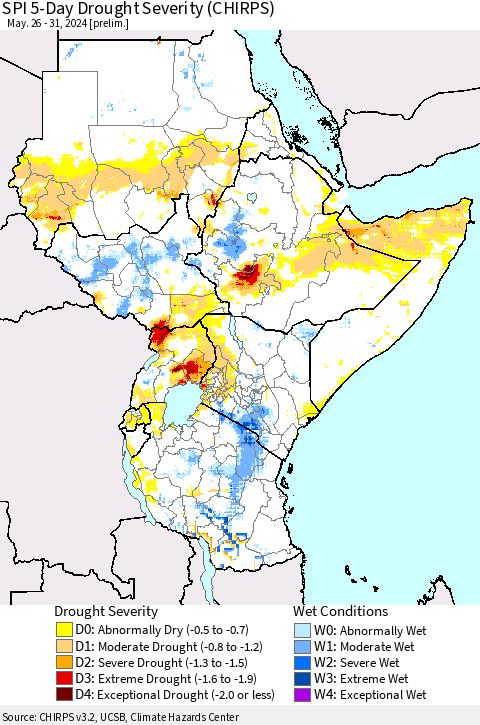 Eastern Africa SPI 5-Day Drought Severity (CHIRPS) Thematic Map For 5/26/2024 - 5/31/2024