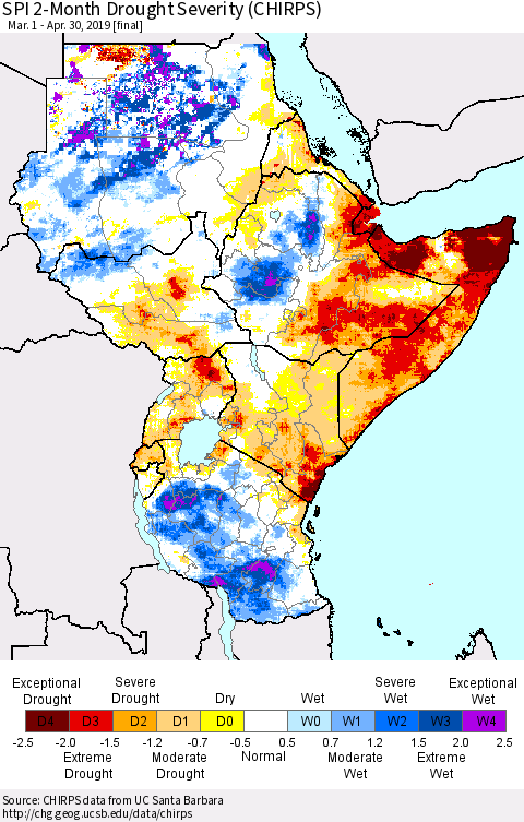 Eastern Africa SPI 2-Month Drought Severity (CHIRPS) Thematic Map For 3/1/2019 - 4/30/2019