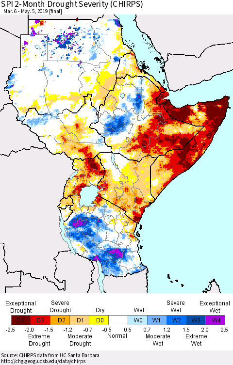Eastern Africa SPI 2-Month Drought Severity (CHIRPS) Thematic Map For 3/6/2019 - 5/5/2019
