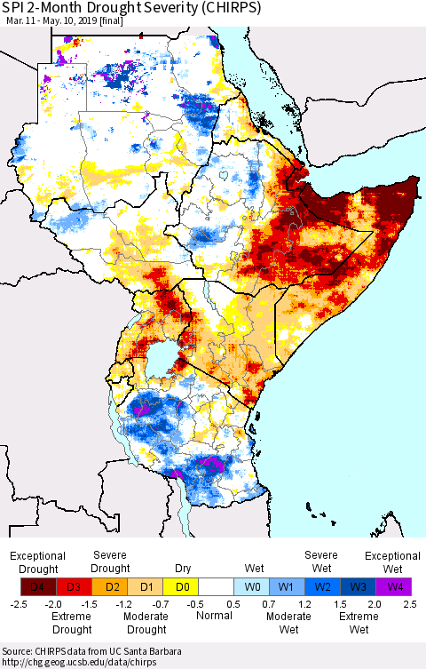 Eastern Africa SPI 2-Month Drought Severity (CHIRPS) Thematic Map For 3/11/2019 - 5/10/2019