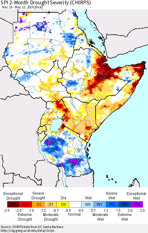 Eastern Africa SPI 2-Month Drought Severity (CHIRPS) Thematic Map For 3/16/2019 - 5/15/2019