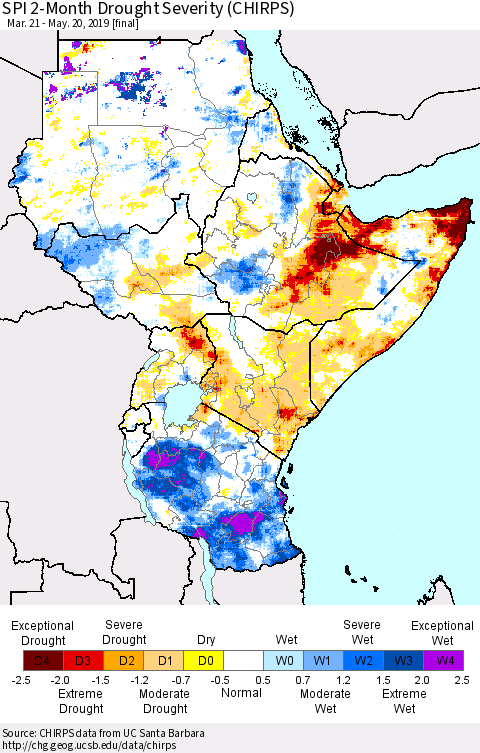 Eastern Africa SPI 2-Month Drought Severity (CHIRPS) Thematic Map For 3/21/2019 - 5/20/2019