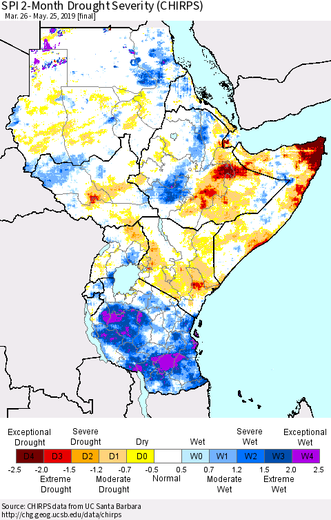 Eastern Africa SPI 2-Month Drought Severity (CHIRPS) Thematic Map For 3/26/2019 - 5/25/2019