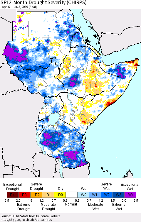 Eastern Africa SPI 2-Month Drought Severity (CHIRPS) Thematic Map For 4/6/2019 - 6/5/2019
