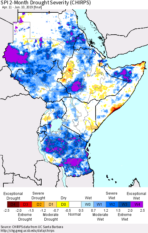 Eastern Africa SPI 2-Month Drought Severity (CHIRPS) Thematic Map For 4/11/2019 - 6/10/2019