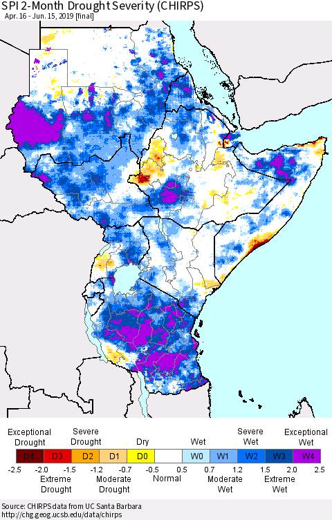 Eastern Africa SPI 2-Month Drought Severity (CHIRPS) Thematic Map For 4/16/2019 - 6/15/2019