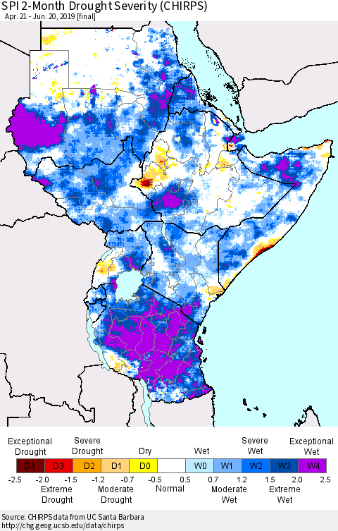 Eastern Africa SPI 2-Month Drought Severity (CHIRPS) Thematic Map For 4/21/2019 - 6/20/2019