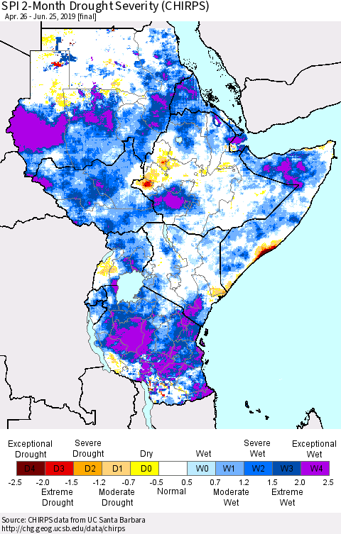 Eastern Africa SPI 2-Month Drought Severity (CHIRPS) Thematic Map For 4/26/2019 - 6/25/2019