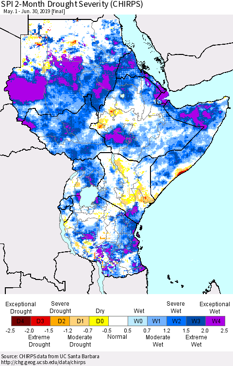 Eastern Africa SPI 2-Month Drought Severity (CHIRPS) Thematic Map For 5/1/2019 - 6/30/2019