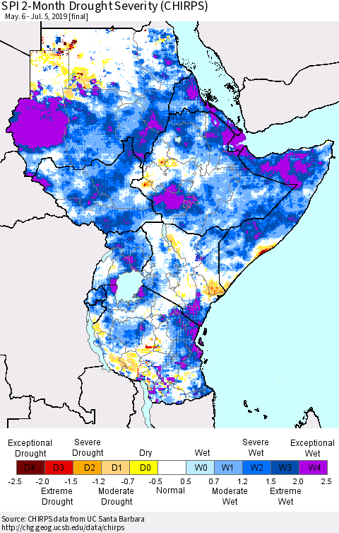 Eastern Africa SPI 2-Month Drought Severity (CHIRPS) Thematic Map For 5/6/2019 - 7/5/2019