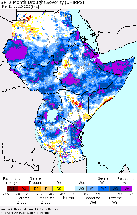 Eastern Africa SPI 2-Month Drought Severity (CHIRPS) Thematic Map For 5/11/2019 - 7/10/2019
