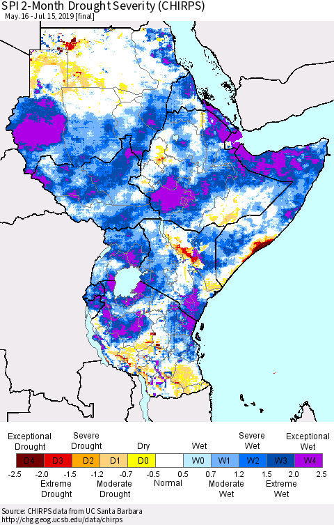 Eastern Africa SPI 2-Month Drought Severity (CHIRPS) Thematic Map For 5/16/2019 - 7/15/2019