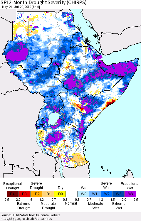 Eastern Africa SPI 2-Month Drought Severity (CHIRPS) Thematic Map For 5/21/2019 - 7/20/2019