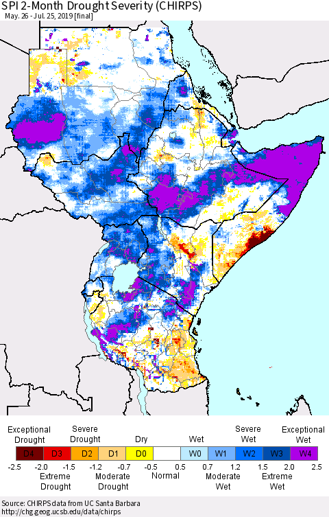 Eastern Africa SPI 2-Month Drought Severity (CHIRPS) Thematic Map For 5/26/2019 - 7/25/2019
