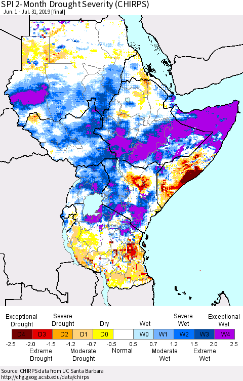 Eastern Africa SPI 2-Month Drought Severity (CHIRPS) Thematic Map For 6/1/2019 - 7/31/2019