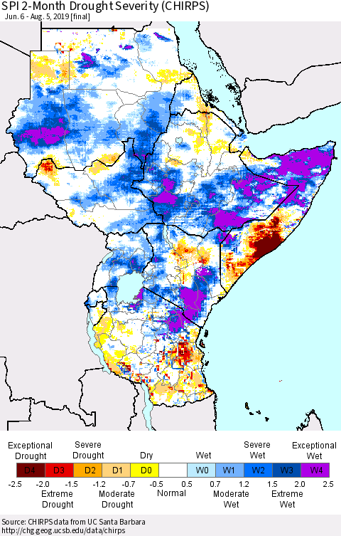 Eastern Africa SPI 2-Month Drought Severity (CHIRPS) Thematic Map For 6/6/2019 - 8/5/2019