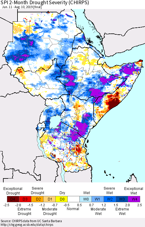 Eastern Africa SPI 2-Month Drought Severity (CHIRPS) Thematic Map For 6/11/2019 - 8/10/2019