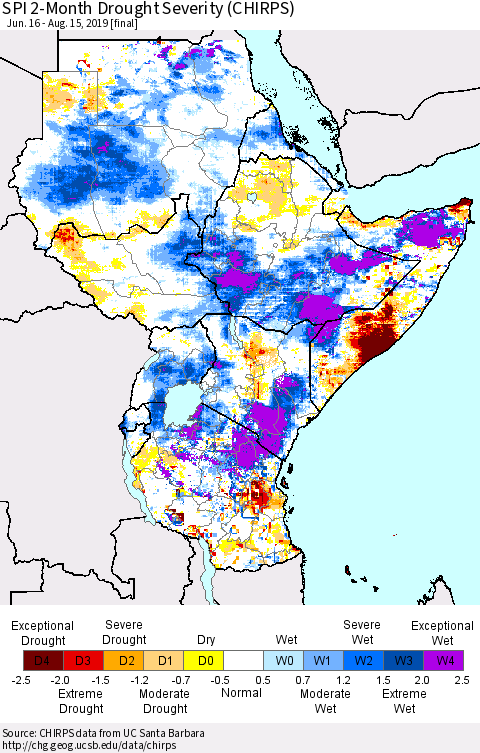 Eastern Africa SPI 2-Month Drought Severity (CHIRPS) Thematic Map For 6/16/2019 - 8/15/2019