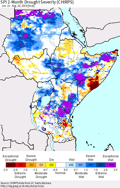Eastern Africa SPI 2-Month Drought Severity (CHIRPS) Thematic Map For 6/21/2019 - 8/20/2019