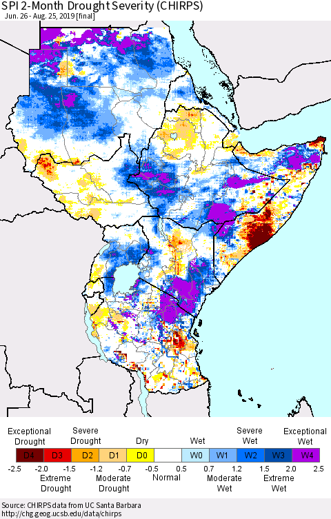 Eastern Africa SPI 2-Month Drought Severity (CHIRPS) Thematic Map For 6/26/2019 - 8/25/2019