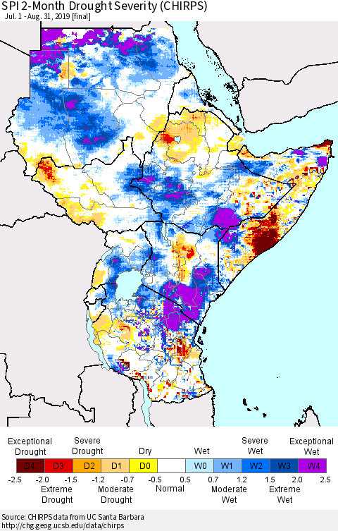 Eastern Africa SPI 2-Month Drought Severity (CHIRPS) Thematic Map For 7/1/2019 - 8/31/2019