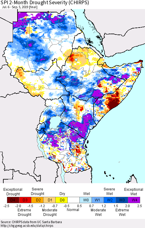 Eastern Africa SPI 2-Month Drought Severity (CHIRPS) Thematic Map For 7/6/2019 - 9/5/2019