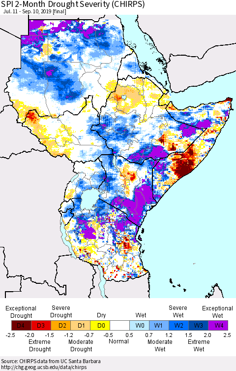 Eastern Africa SPI 2-Month Drought Severity (CHIRPS) Thematic Map For 7/11/2019 - 9/10/2019