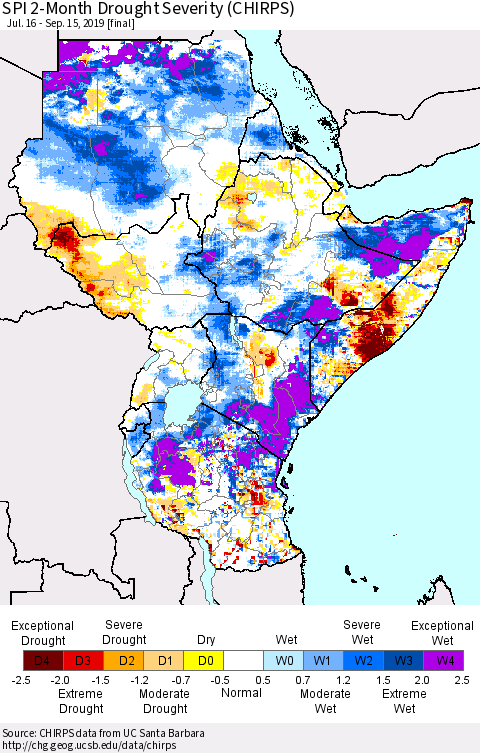 Eastern Africa SPI 2-Month Drought Severity (CHIRPS) Thematic Map For 7/16/2019 - 9/15/2019