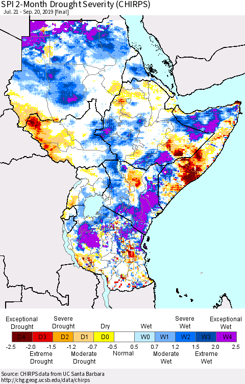 Eastern Africa SPI 2-Month Drought Severity (CHIRPS) Thematic Map For 7/21/2019 - 9/20/2019