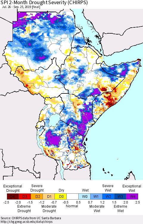 Eastern Africa SPI 2-Month Drought Severity (CHIRPS) Thematic Map For 7/26/2019 - 9/25/2019