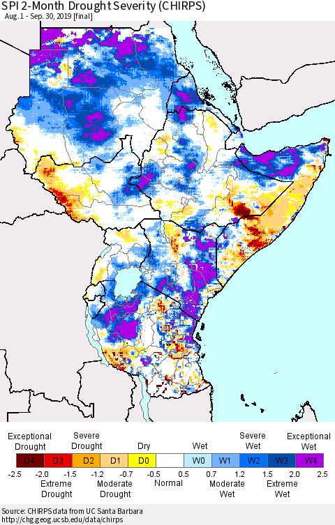 Eastern Africa SPI 2-Month Drought Severity (CHIRPS) Thematic Map For 8/1/2019 - 9/30/2019