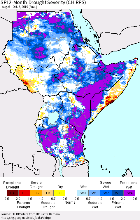 Eastern Africa SPI 2-Month Drought Severity (CHIRPS) Thematic Map For 8/6/2019 - 10/5/2019