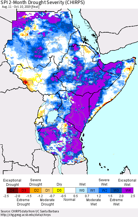 Eastern Africa SPI 2-Month Drought Severity (CHIRPS) Thematic Map For 8/11/2019 - 10/10/2019