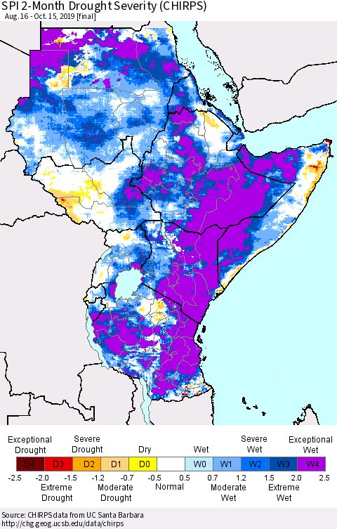 Eastern Africa SPI 2-Month Drought Severity (CHIRPS) Thematic Map For 8/16/2019 - 10/15/2019