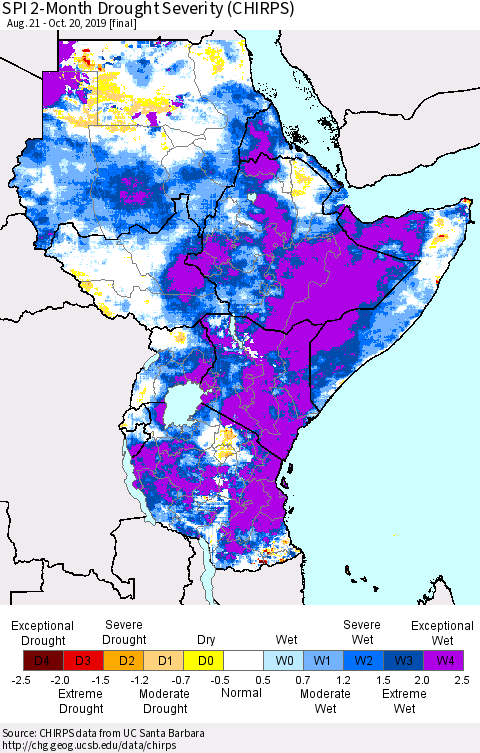 Eastern Africa SPI 2-Month Drought Severity (CHIRPS) Thematic Map For 8/21/2019 - 10/20/2019