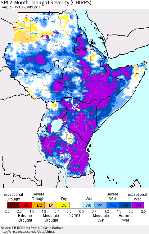 Eastern Africa SPI 2-Month Drought Severity (CHIRPS) Thematic Map For 8/26/2019 - 10/25/2019