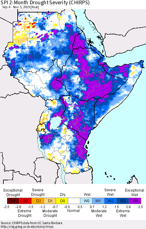 Eastern Africa SPI 2-Month Drought Severity (CHIRPS) Thematic Map For 9/6/2019 - 11/5/2019