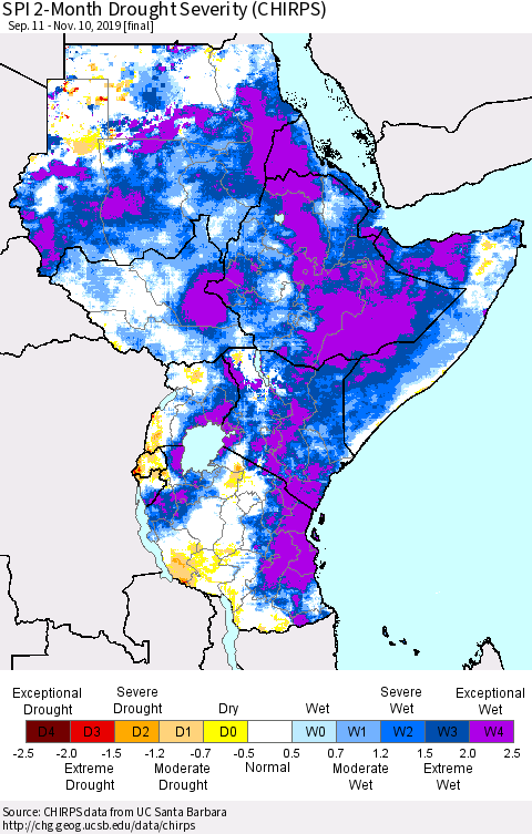Eastern Africa SPI 2-Month Drought Severity (CHIRPS) Thematic Map For 9/11/2019 - 11/10/2019