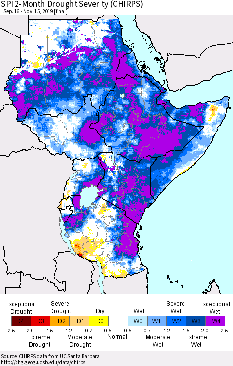 Eastern Africa SPI 2-Month Drought Severity (CHIRPS) Thematic Map For 9/16/2019 - 11/15/2019