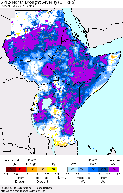 Eastern Africa SPI 2-Month Drought Severity (CHIRPS) Thematic Map For 9/21/2019 - 11/20/2019