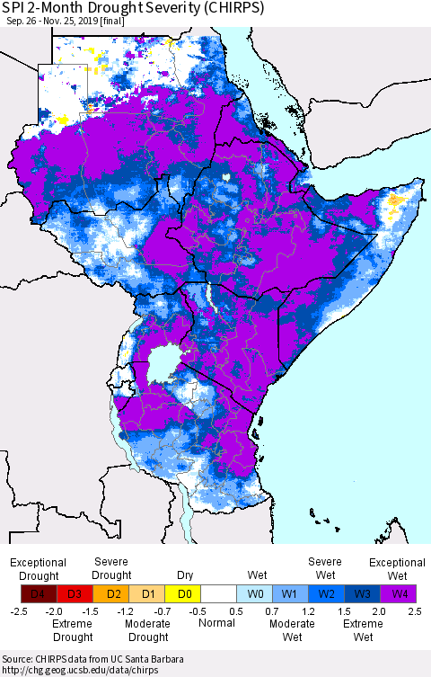 Eastern Africa SPI 2-Month Drought Severity (CHIRPS) Thematic Map For 9/26/2019 - 11/25/2019