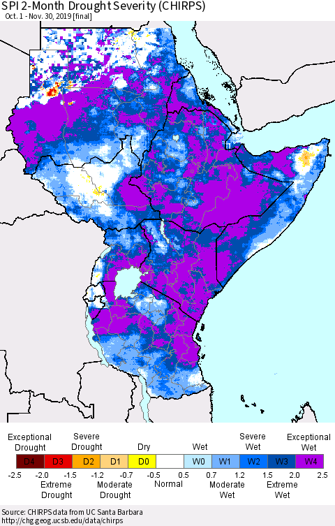 Eastern Africa SPI 2-Month Drought Severity (CHIRPS) Thematic Map For 10/1/2019 - 11/30/2019